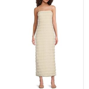 Badgley MischkaBelle by Badgley Mischka Adya Fringed Linen Square Neck Midi Dres